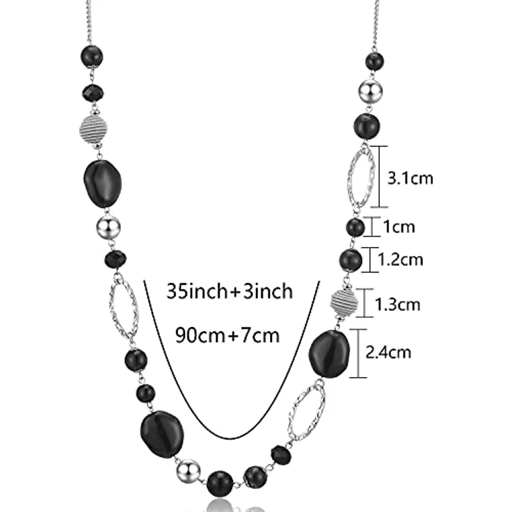 Bulinlin Silber Perlen Lange Kette für Damen, Boho Statement Chain Halskette, 35+3 Zoll, schwarz, Modeschmuck für Geburtstagsgeschenke – Bild 5