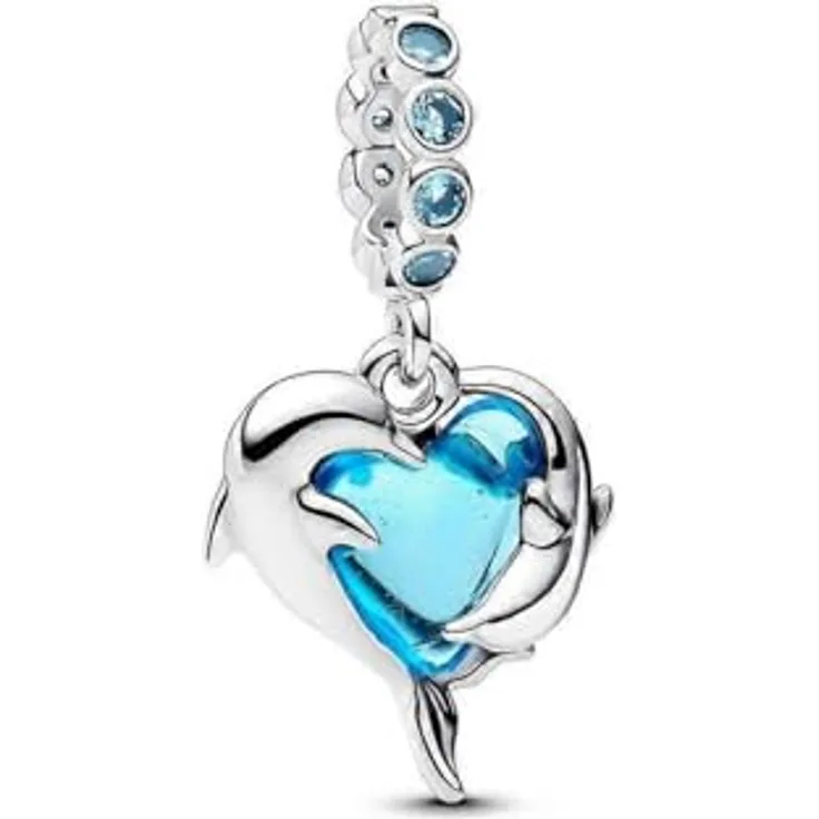 Pandora Charm-Einhänger 793924C01, zwei Delfine mit türkisfarbenem Muranoglas und künstlichen Kristallen aus Sterling-Silber