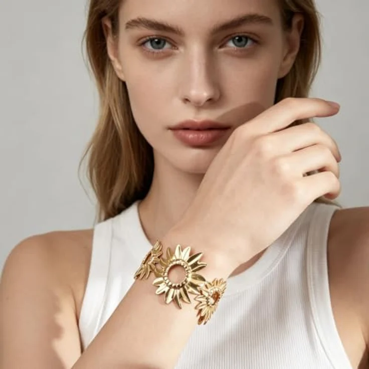 FOSLXIN Gold Armreif Damen, Verstellbares Edelstahl Armband mit Blumendesign, Chunky Cuff Armband für Frauen, hypoallergen, Gold C – Bild 4