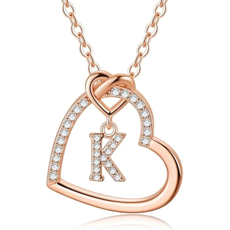 TINGN Personalisierte Herz Kette in Roségold, 18"+2" verlängerbar, Buchstabe K, Schmuck Geschenk für Frauen und Mädchen
