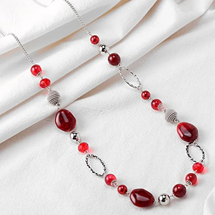 Bulinlin Langkette Damen, Silber Perlen Boho Statement Halskette, 35+3 Zoll, Rot – Bild 4