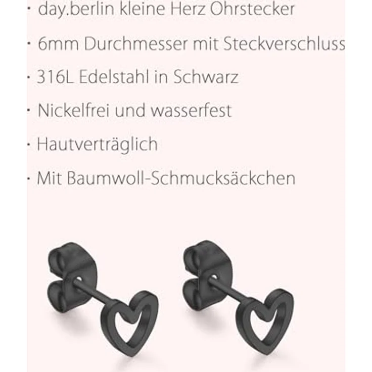 day.berlin Kleine Herz Ohrstecker, Schwarz, 6mm, Damen Ohrringe aus 316L Edelstahl, nickelfrei und wasserfest – Bild 3