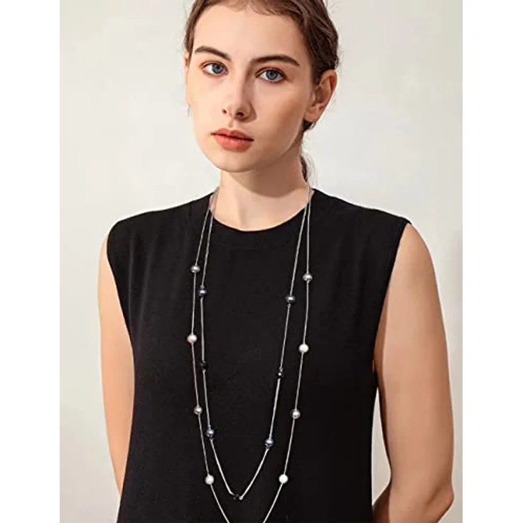 FULU AUTUMN Statement Kette, Lange Perlenkette in Silber, Zwei Strang, Anpassbare Längen 39-43 Zoll, Damen Modeschmuck, Geburtstagsgeschenk, Schwarz – Bild 4