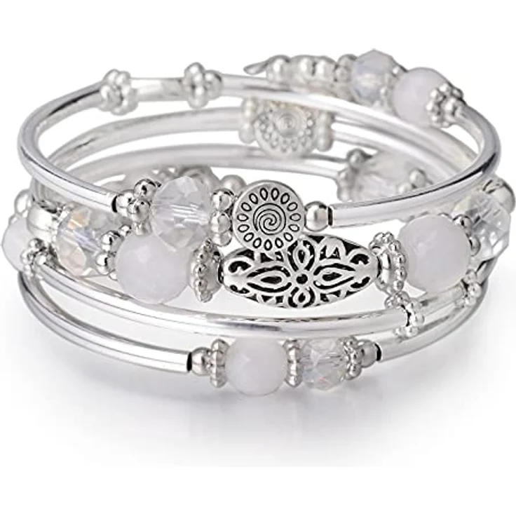 FULU AUTUMN Damen Boho Armband, mehrschichtiges Perlen Silber Wickelarmband aus Legierung, mit Geschenkbox, weiß – Bild 1