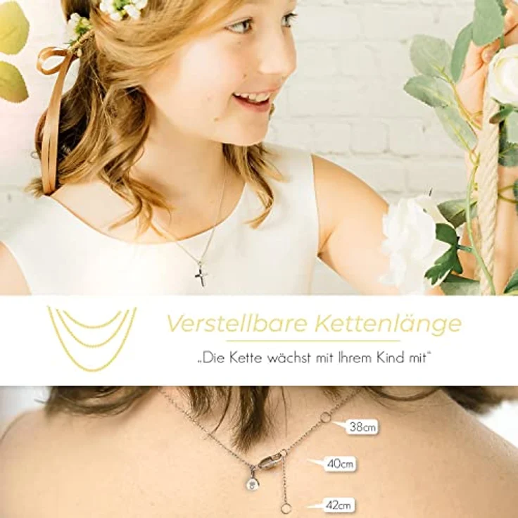 Amoonìc Kreuz Kette Mädchen echt Silber 925, verstellbare 38-42cm, Zirkonia-Stein, personalisierbares Geschenk zur Erstkommunion, Taufe und Konfirmation – Bild 3