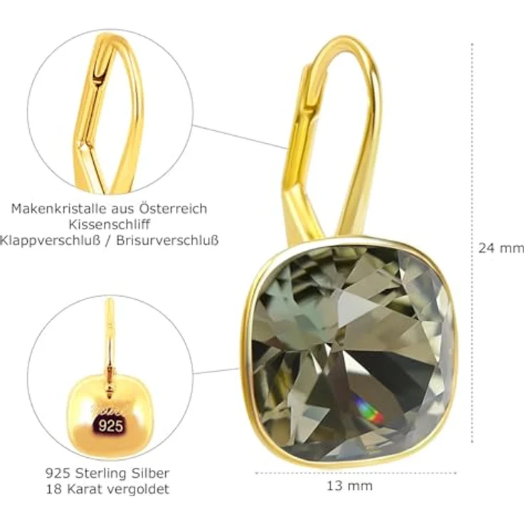 Nobel Ohrringe 925 Silber vergoldet mit grauen Kristallen, Ohrhänger Black Diamond – Bild 3