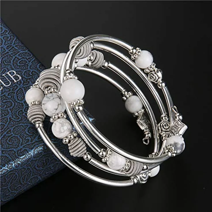 Bulinlin Silber Wickelarmband mit Howlite Naturstein Perlen, Boho Mehrschichtiges Damen Armband, perfektes Geburtstagsmodegeschenk für Frauen – Bild 2