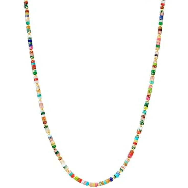 Yokoamii Damen Kette aus Metall-Legierung gelbgold mit buntem Achat, Modeschmuckhalskette mit Verlängerungskettchen (50 cm + 5 cm) – Bild 1