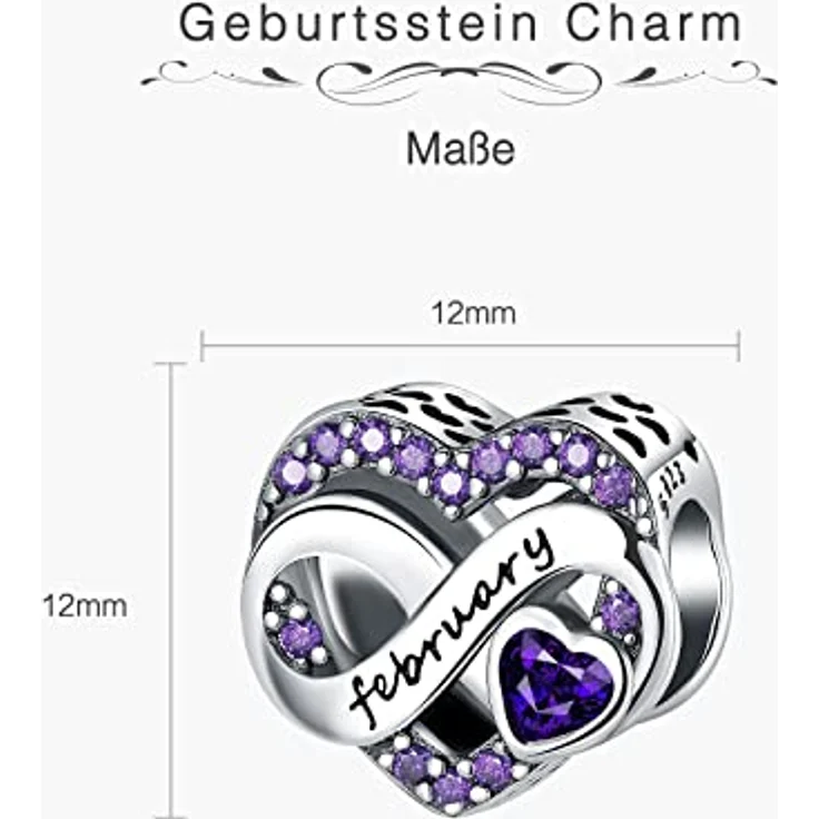 BIZK Damen Unendlichkeit Geburtsstein Charm Anhänger aus 925 Sterling Silber, lila Zirkon, für Armband und Halskette, Februar Geburtsstein, perfektes Geschenk für Frauen – Bild 5