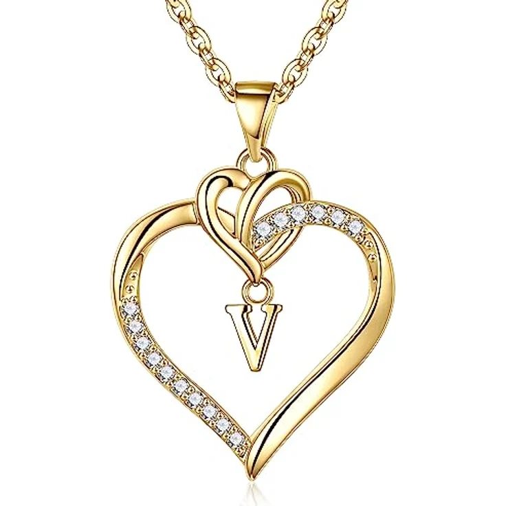 TINGN Herz Initial Kette mit Buchstaben, goldene Damenhalskette mit zierlichem CZ Herz Anhänger, personalisierte Schmuckgeschenke für Frauen und Mädchen, 45 cm + 5 cm Verlängerung – Bild 1