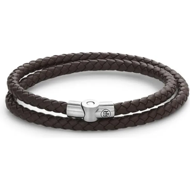 Rebel & Rose Herren-Lederarmband Full Metal Double Round, Wickelarmband aus braunem Leder, 21 cm, silberne Steckschließe