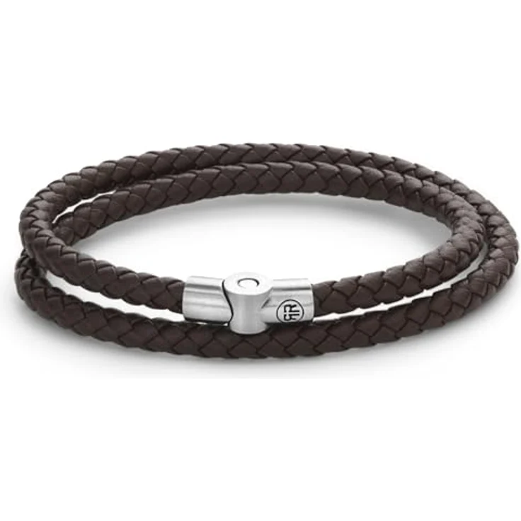 Rebel & Rose Herren-Lederarmband Full Metal Double Round, Wickelarmband aus braunem Leder, 21 cm, silberne Steckschließe – Bild 1
