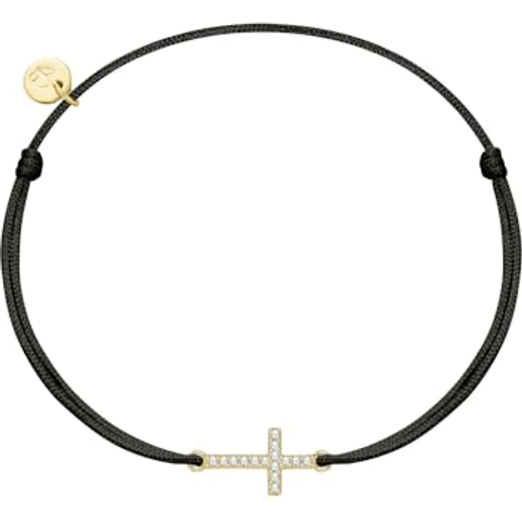 GLANZSTÜCKE MÜNCHEN Damen Textilarmband schwarz, 925/- Sterling Silber gelbvergoldet mit 14 Karat Zirkonia Kreuz-Anhänger, flexibel von 15 bis 22 cm Umfang – Bild 1