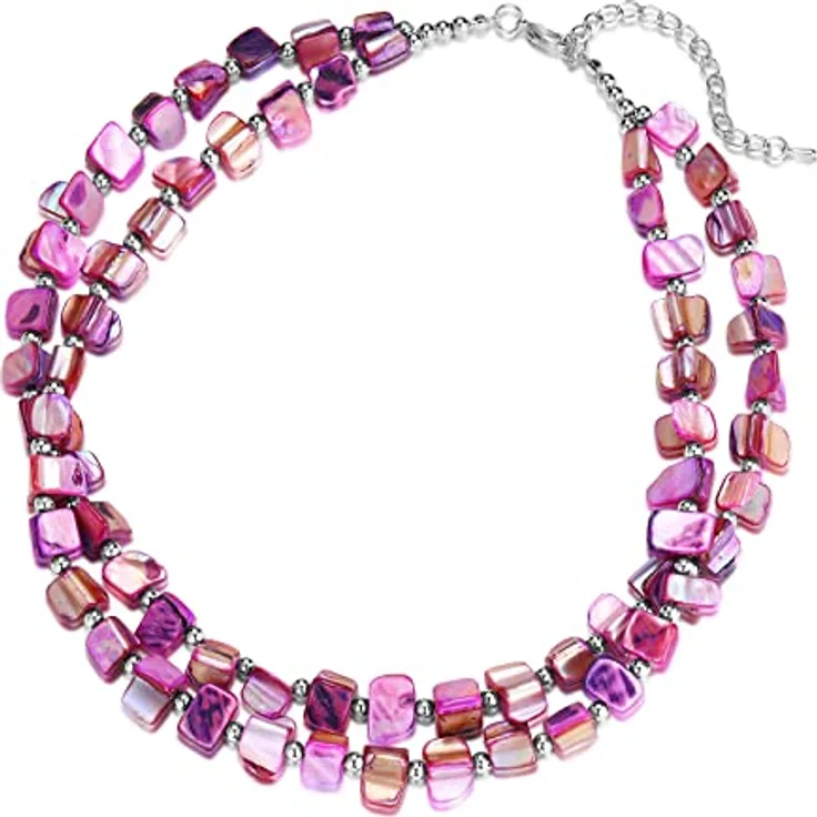 Bulinlin Boho Muschelkette Damen, Bunte Perlenhalskette für Strand und Sommer, verstellbar, lila