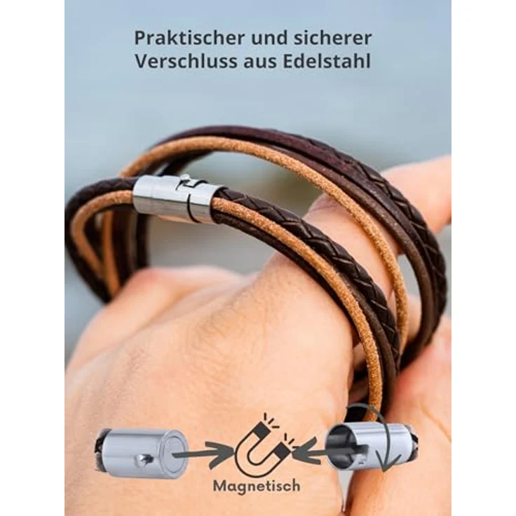 Simaru Wickelarmband aus echtem Leder mit Edelstahl-Magnetverschluss, hautfreundlich, Unisex, 6 mm, Made in EU – Bild 4