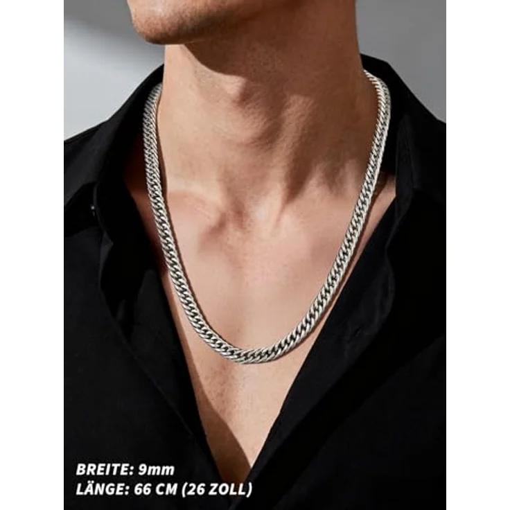 FindChic Massive Panzerkette 9mm Cuban Chain, 76cm Edelstahl Silberkette mit Geschenkebox für Jungen – Bild 3