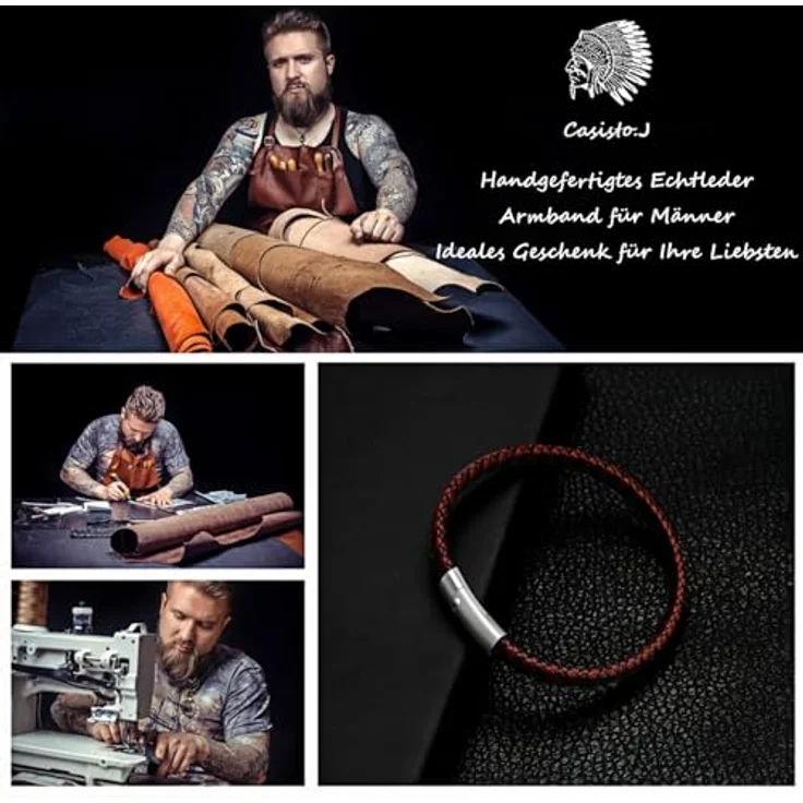 Casisto.J Herren Lederarmband, geflochten aus echtem Leder in Schwarz oder Braun, Edelstahlverschluss mit Gravur, magnetisch – Bild 2