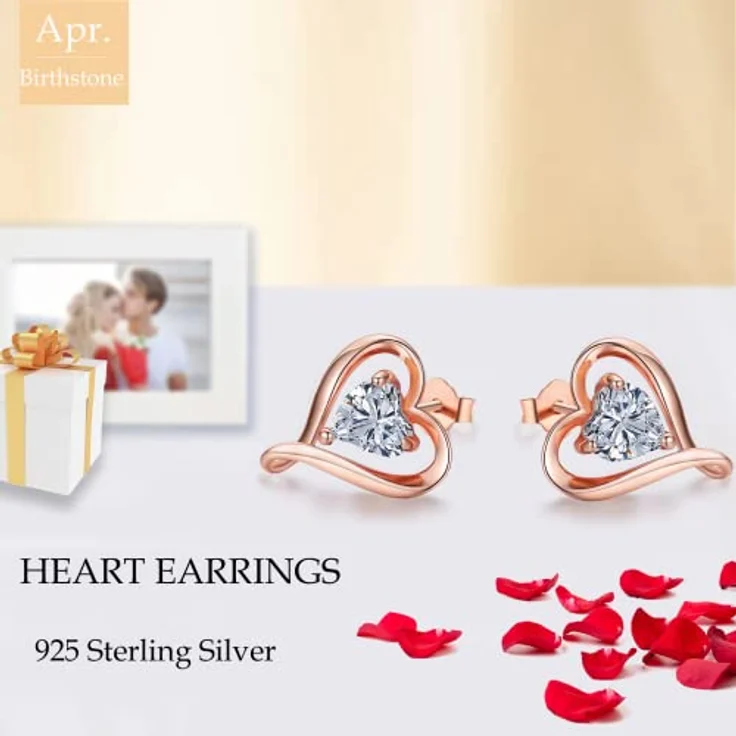 LAVUMO 925 Sterling Silber Herz Ohrstecker, 5A Zirkonia, hypoallergen, in Weißgold, Gold und Roségold – Bild 2
