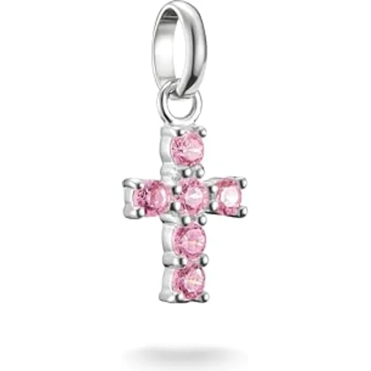 THOMAS SABO Charm-Anhänger Kreuz mit pinken Steinen, aus recyceltem 925 Silber, mit Karabinerhaken