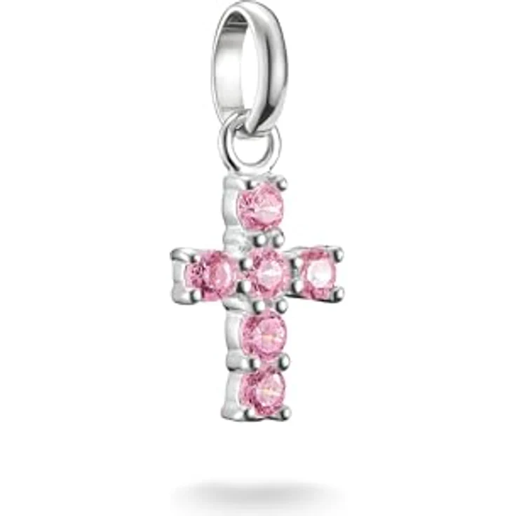 THOMAS SABO Charm-Anhänger Kreuz mit pinken Steinen, aus recyceltem 925 Silber, mit Karabinerhaken – Bild 1