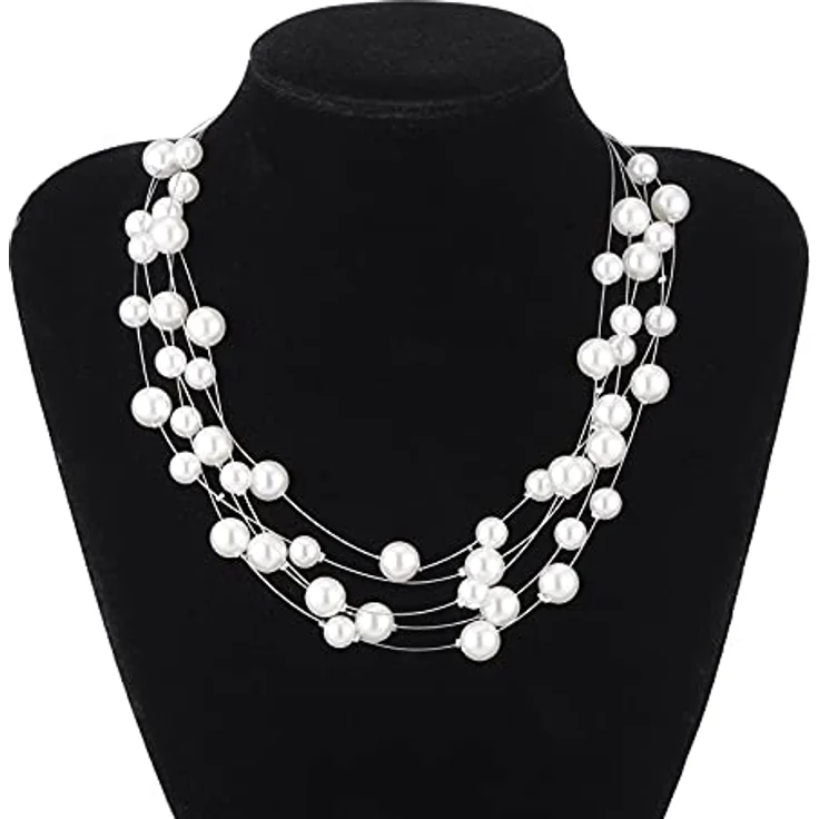 FULU AUTUMN Boho Perlenkette Damen, Silber Statement Kette, Mehrreihig, 17" Länge, Weiß – Bild 2