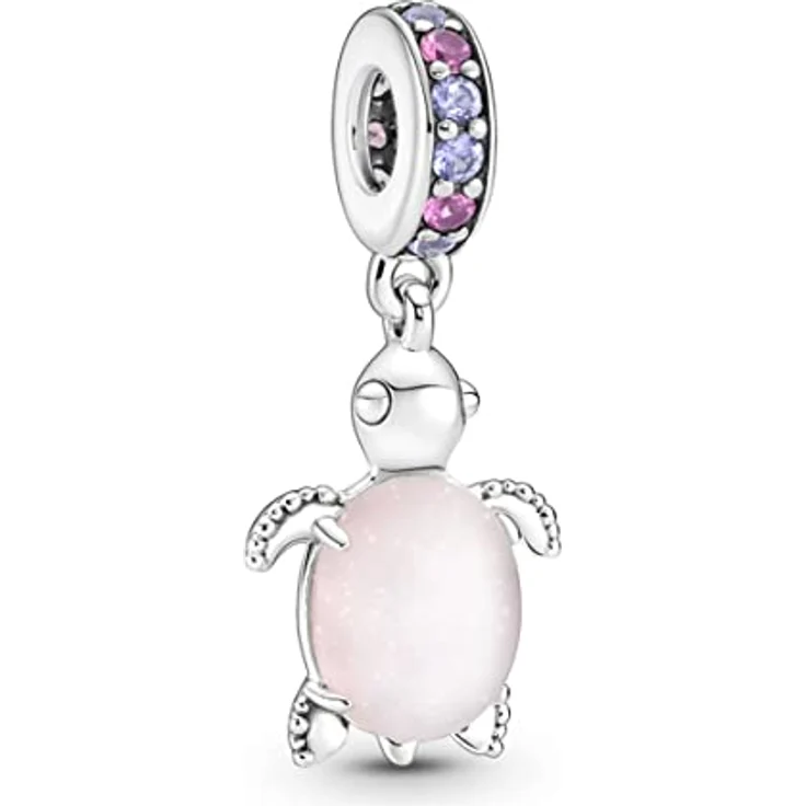 Pandora Murano Glass Pink Sea Turtle Dangle Charm 798939C02, Sterling-Silber mit mattem Rosa und violetten Kristallen, einzigartiges Design mit ausgestanztem Herz – Bild 1