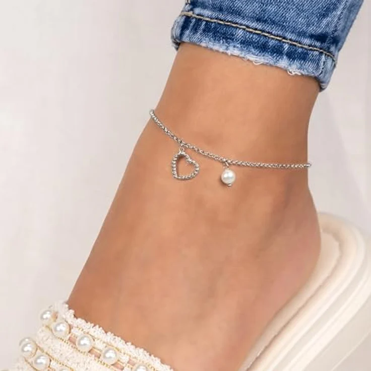 Engelsrufer Fußkettchen aus Sterling Silber, Herz Anhänger mit Perle, verstellbar 22+5cm, nickelfrei, Karabinerverschluss – Bild 2