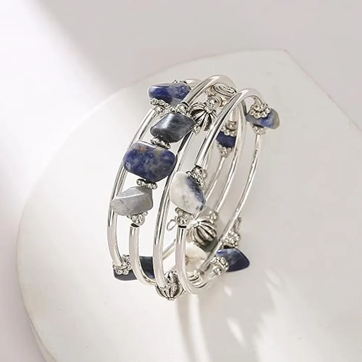 FULU AUTUMN Damen Boho Armband, mehrschichtiges Perlen Silber Wickelarmband, 19-Blue – Bild 3