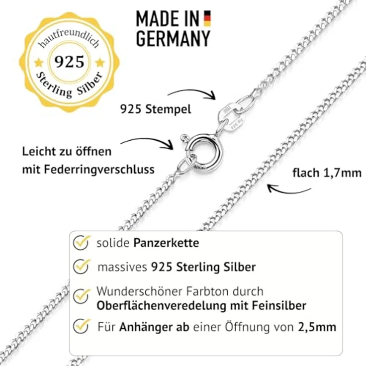 MATERIA by Matthias Wagner Damen Halskette lang, 925 Sterling Silber Panzerkette 1,7mm, Made in Germany, 70cm – Bild 2