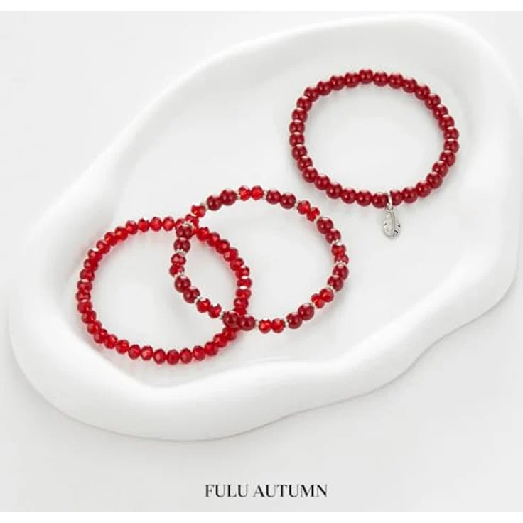 FULU AUTUMN Perlenarmband Set, Mehrschichtiges Stretch Damen Armband aus Naturstein und Kristall, Boho Modeschmuck in Rot für Mama, Oma und Frau – Bild 2