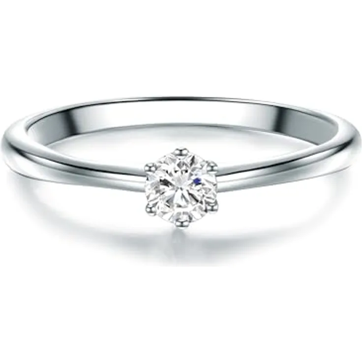 Trilani Damen Solitärring Sterling Silber, Brillantschliff Zirkonia weiß, Verlobungsring Trauring 2 mm Ringschiene in Schmuckbox