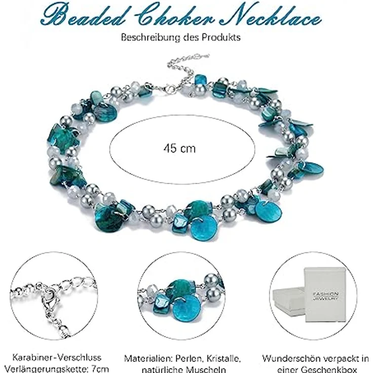 FULU AUTUMN Kristall Perlenkette Boho Muschelkette, bunte mehrreihige Damen-Halskette mit Muschelanhänger, 18 Zoll + 2,7 Zoll verlängerbar, türkis – Bild 4