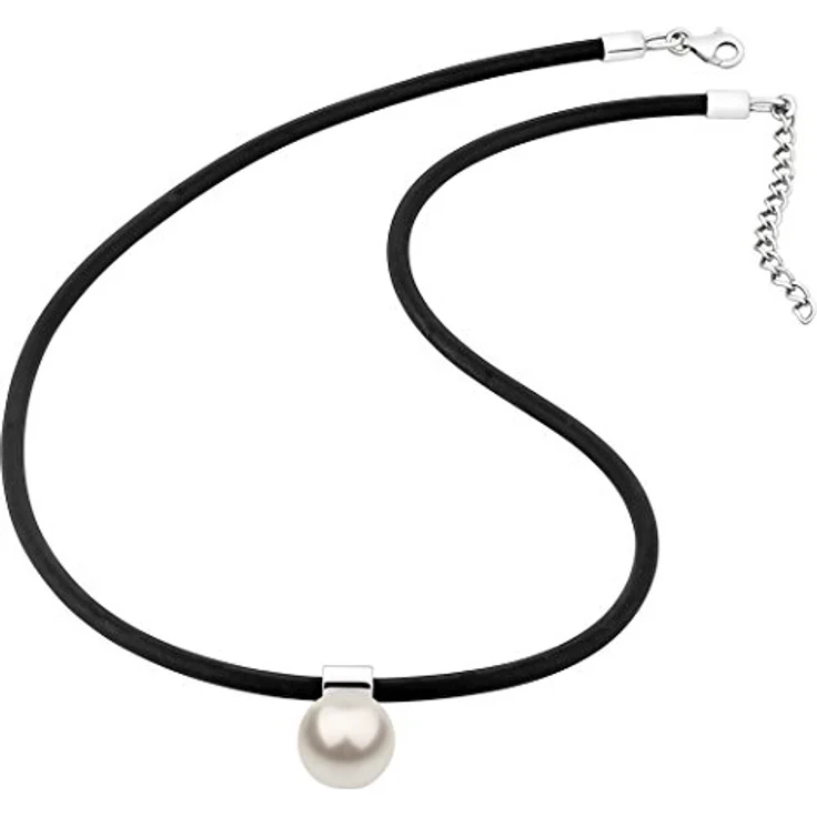 Nenalina Damen Halskette Kautschuk schwarz mit Perlen Anhänger, 925 Sterling Silber Verschluss, 42 cm, KAS-344 – Bild 1
