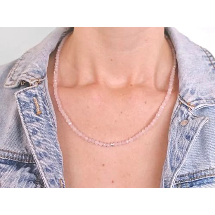 BERGERLIN Rosenquarz Halskette, rosa Kette aus 925 Sterling Silber, M-L, facettierte Perlen, echt geprüfter Rosenquarz – Bild 5