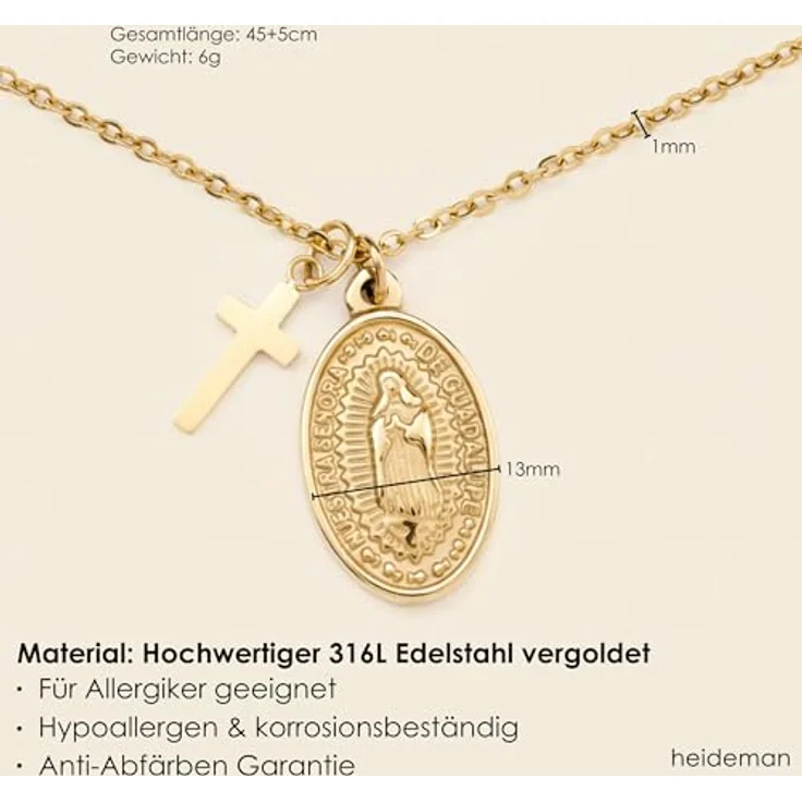 Heideman Halskette Alterum Damen, gold/silber/rosegold Edelstahl mit Madonna und Kreuz Anhänger, 45 cm lang mit Verlängerungskettchen, nickelfrei und hypoallergen – Bild 5