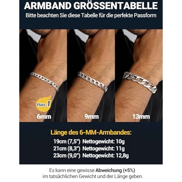 PROSTEEL Panzerarmband Herren Edelstahl, 19cm lang, 6mm breit, silber, robust und wasserdicht, klassisches Miami Design mit Karabinerverschluss – Bild 2