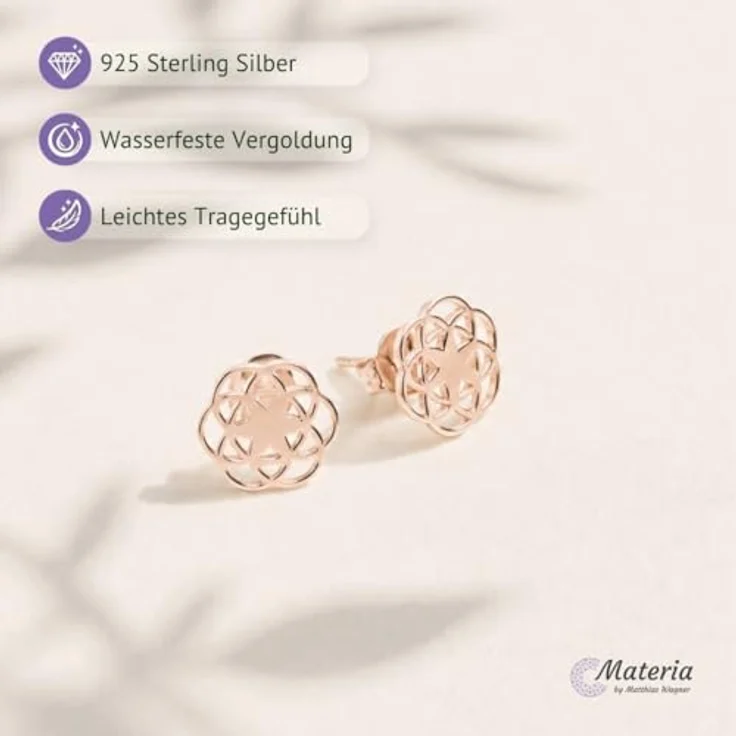 MATERIA by Matthias Wagner Rosegold Ohrstecker Damen - Mandala Ohrringe Silber 925, flach und leicht, 10x10mm, wasserfest – Bild 3