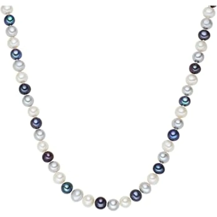 Valero Pearls Damen Perlenhalskette, Süßwasser-Zuchtperlen 7-8 mm Potato in Weiß/Silber/Blau, 925 Sterling Silber, geknotet, Multicolor