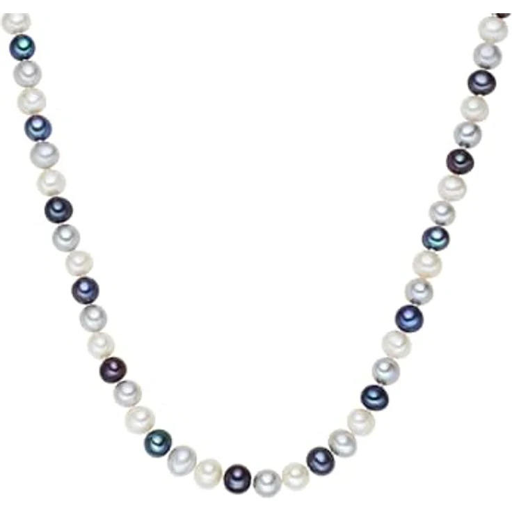 Valero Pearls Damen Perlenhalskette, Süßwasser-Zuchtperlen 7-8 mm Potato in Weiß/Silber/Blau, 925 Sterling Silber, geknotet, Multicolor – Bild 1