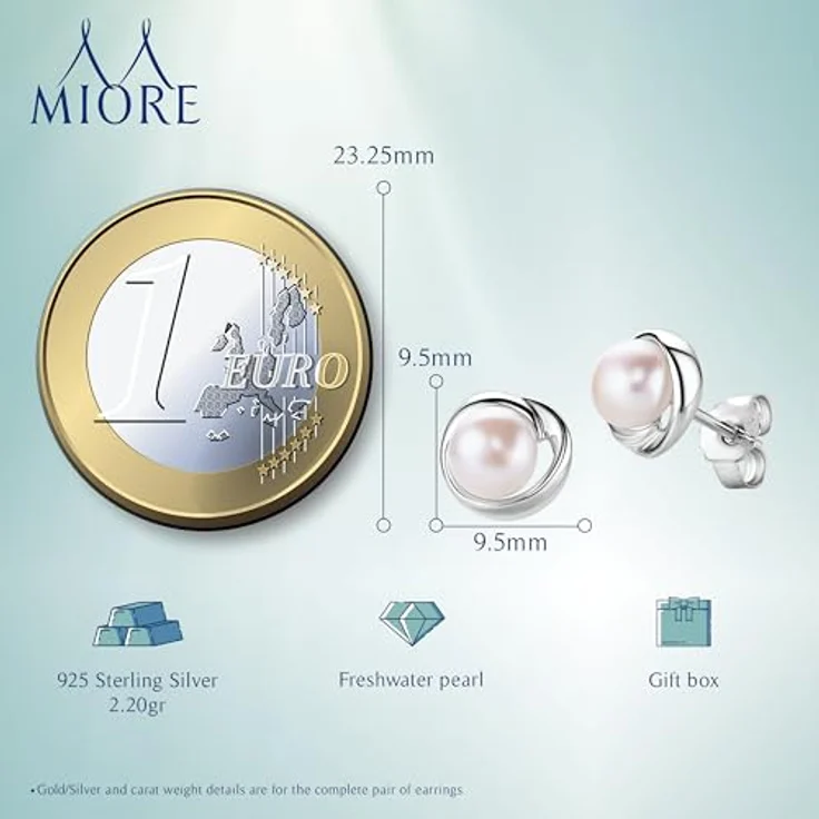 MIORE Perlen Ohrringe Damen, 925 Sterling Silber mit weißen Süßwasser-Zuchtperlen, hypoallergen, in hochwertiger Schmuckbox – Bild 3
