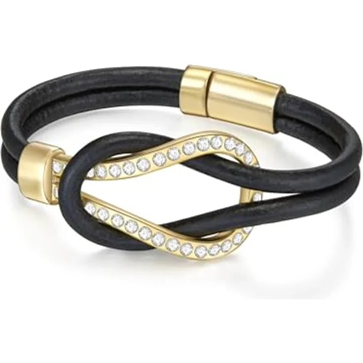Lulu & Jane Damen Armband aus Echtleder mit gelbvergoldetem Metall und facettiertem Glas, schwarz, 19 cm