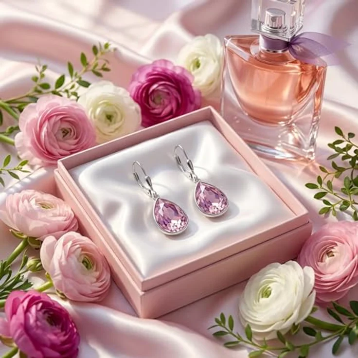 NOBEL SCHMUCK 925 Silberohrringe Rosa mit Markenkristallen, Tropfen-Design, Klapp-Verschluss, Made in Germany – Bild 5