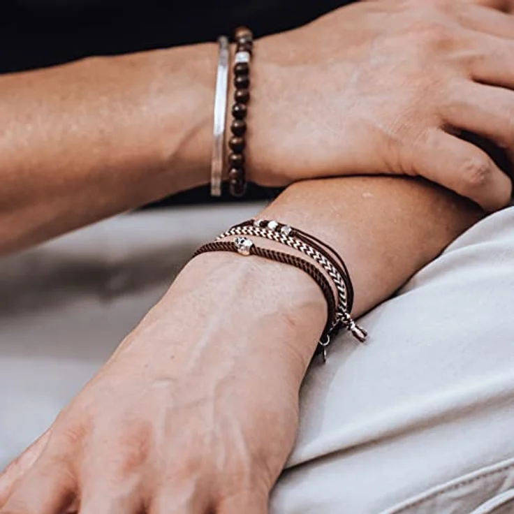 Nato Cuff Geflochtenes Baumwollarmband, Handgefertigt in Frankreich, Edelstahlmedaille 316L, Verstellbares Juwel für Herren und Damen, Braun-Weiss – Bild 3