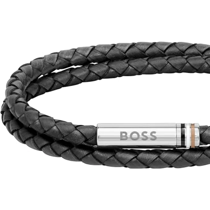 BOSS Jewelry ARES Lederarmband für Herren, schwarzes Leder mit Edelstahlverschluss, 190 mm Umfang, magnetischer Verschluss, drei ikonische BOSS-Farben – Bild 2