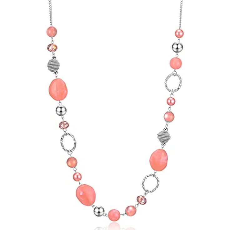 Bulinlin Lange Perlenkette für Damen, Statement Boho Silber Metall mit 35 Zoll + 3 Zoll Verlängerung in Pink, Modeschmuck für Hochzeitstag und Geschenke – Bild 1