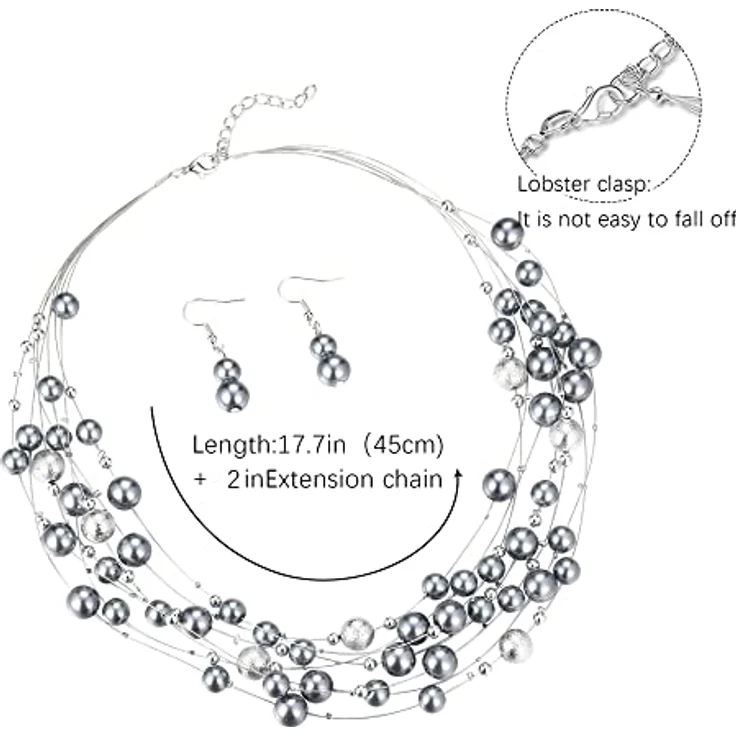 FULU AUTUMN Boho Perlenkette Damen Silber, mehrreihige Statement Kette, 17" (Zugkettenverlängerung 2.7in), grau – Bild 2