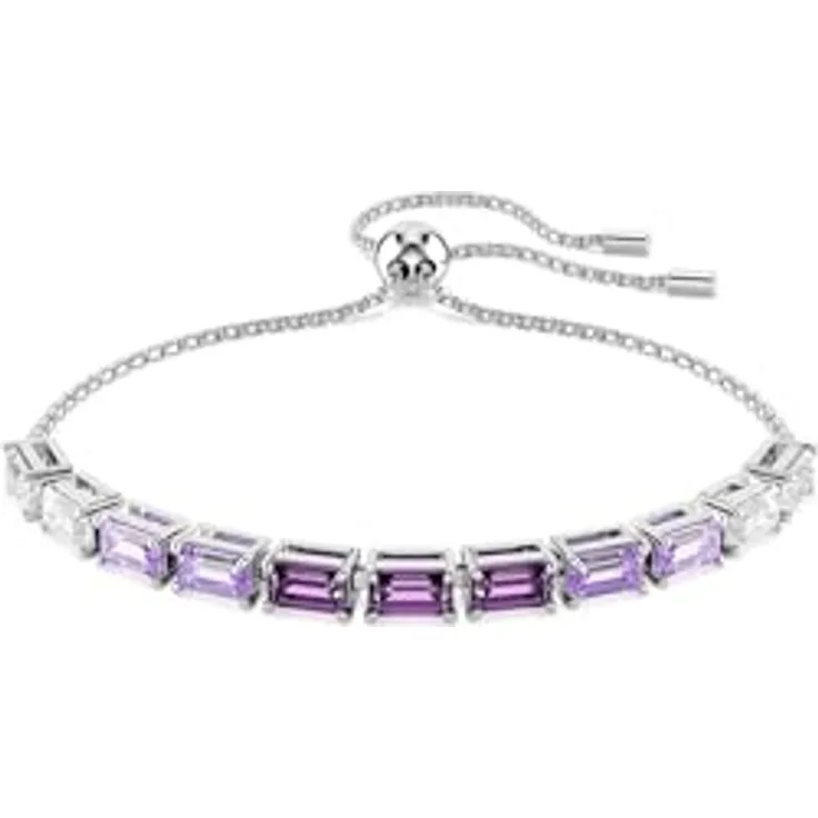 Swarovski Matrix Tennis Armband, Rhodiniertes Damenarmband mit klaren und violetten Zirkonia im Oktagon-Schliff, 24 cm lange Krappenfassung