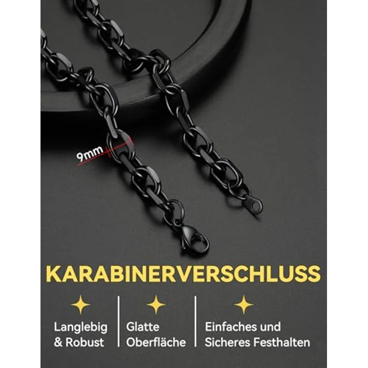 ChainsHouse Anker Kette Schwarz Edelstahl Rolo Kette 9mm Herren, 61cm Gliederkette mit Karabinerverschluss, robust und antiallergen – Bild 3
