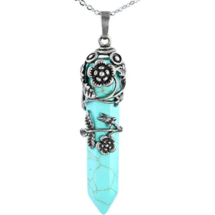 KYEYGWO Hexagon Kristall Kette mit Heilstein Anhänger, Grüner Howlith-Türkis, 6-facettierter, versilberter Blumenhaken, 50 cm Edelstahlkette