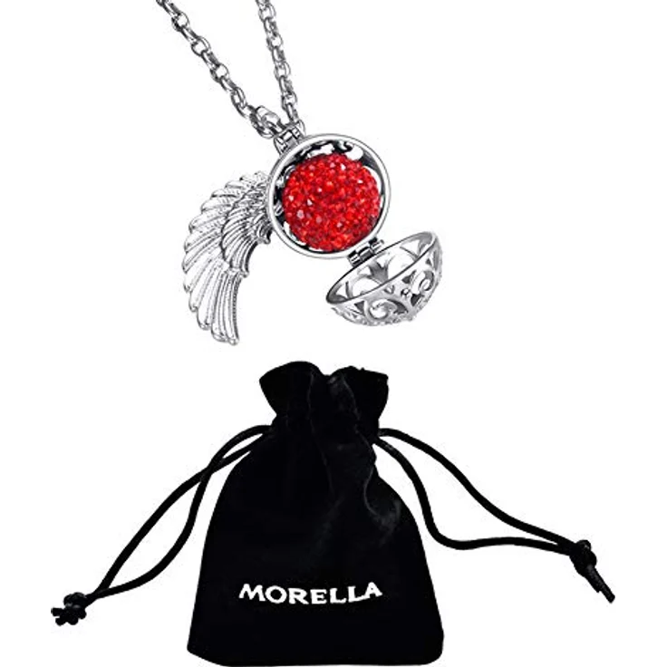 Morella Damen Halskette Edelstahl 70 cm mit Anhänger Engelsflügel und Klangkugel rot Ø 16 mm, wechselbare Klangkugel in Schmuckbeutel – Bild 3